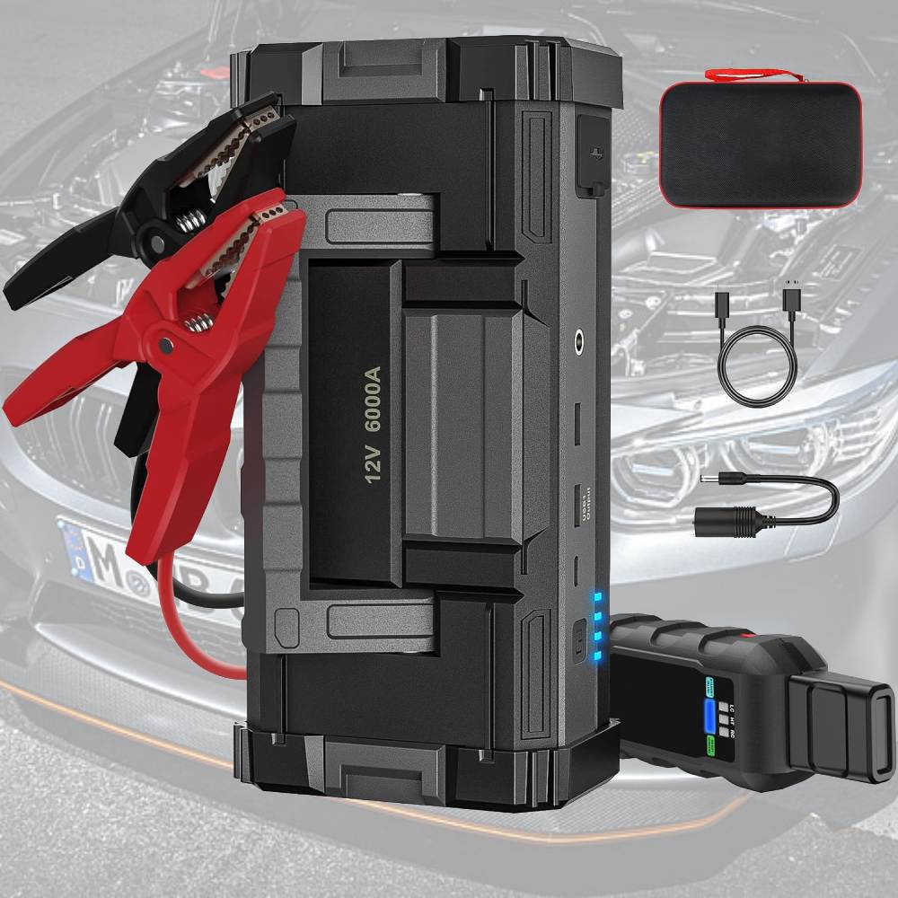 A portable car jump starter with clamps, in its case